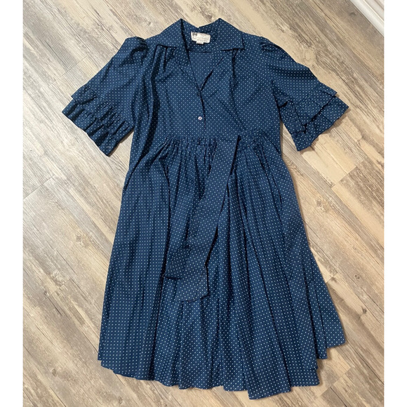 Vtg Skirt Top Set 70s 80s Blue Polka Dot Ruffle Sleeve Circle Skirt Tie Belt EUC - Picture 1 of 10